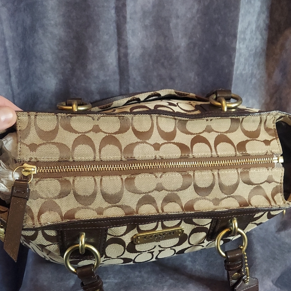 Coach Signature Demi Zip Shoulder Bag Khaki Brown Leather Jacquard Gold #19249 - Picture 6 of 12
